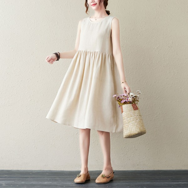Beige Sleeveless Linen Kaftan Dress