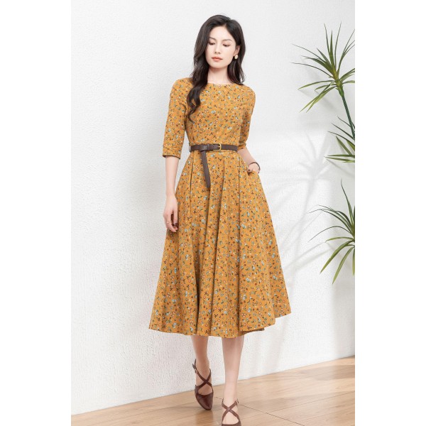 Fitted floral linen dress